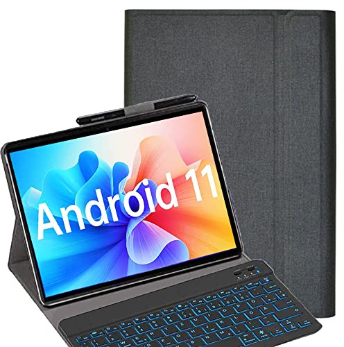 YHFZR Tastatur Hülle für Teclast M50 Pro 10 Zoll, [Deutsches QWERTZ] Slim Hülle mit 7 Farben Beleuchtung Kabellose Tastatur mit Schützhülle für Teclast M50 Pro 10 Zoll, Schwarz