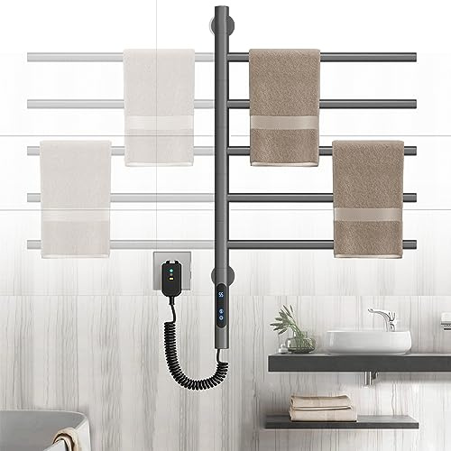 AHKFUL LCD Touch Scaldasalviette Elettrico Bagno Ruota di 180°, Programmabile Scaldasalviette Termoarredo 85W,Tempistiche 1-9 Ore, Regolazione della Temperatura 30-70°, 420x660mm,Grigio