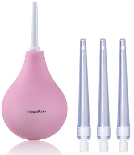 TopQuaFocus 8oz Enema Bulb Kit Anal and Vaginal Douche Bulb for Men Flushing System Enemas Silicone Bulb 4 Replaceable Tips (Pink, 224ml)