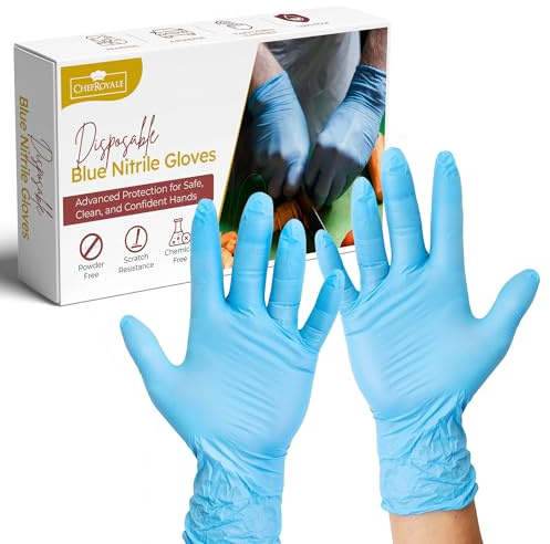 CHEF ROYALE Pack of 200 Disposable Blue Nitrile Gloves - Latex Free Gloves Surgicals Powder Free Medical Nitrile Gloves Multi Use Extra Strong Food Prep Gloves - Bulk Quantity (200, M)