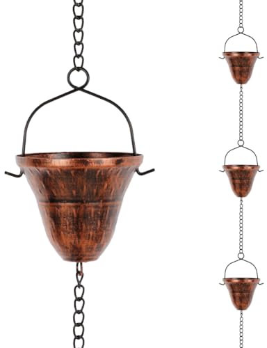 dreamysoul Chaînes de Pluie en cuivre pour l'extérieur, 3 m avec 12 Tasses pour gouttières, Drainage d'avant-Toit