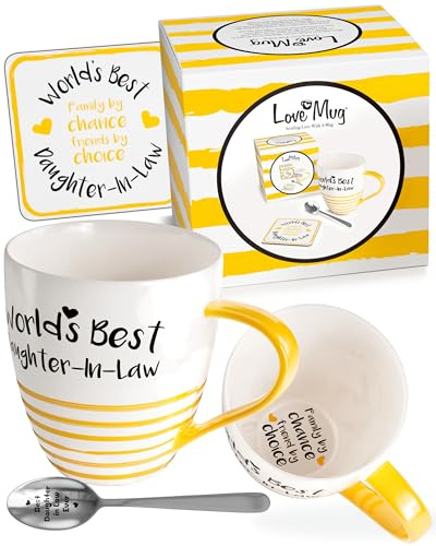 Love Mug: Coffret cadeau belle-fille – Tasse, dessous de verre et cuillère à café gravée – Pensée pour Noël et anniversaire – 400 ml – Revendeur primé