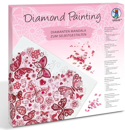 Ursus 43520010F - Diamond Painting Mandala Set 10, Bastelset mit Leinwand und Steinen in Rosa-, Weiß- und Rottönen