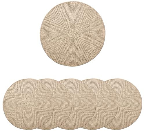 Encasa XO Manteles Individuales Juego de 6 | Manteles Redondos de Algodón - Diámetro de 33 cm | Beige | Estilo Acanalado Hecho a Mano