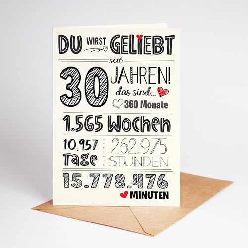 Lovely Cards Süße Karte zum 30. Geburtstag - Karte zum Geburtstag Freundin Freund 30 Jahre - besondere Geschenkkarte 1996 -zu Geburtstagskarte Mann Frau (30 Jahre) - A6 mit Umschlag