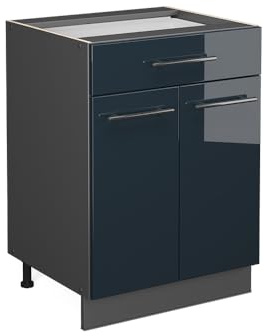 Vicco Küchenunterschrank Fame-Line, Dunkelblau Hochglanz, 60 cm | MDF-Front · Ohne Arbeitsplatte · Höhenverstellbare Füße · Metallgriffe · Soft-Close