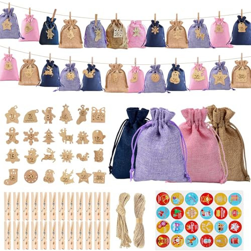 Yeelan Adventskalender zum Befüllen, Adventskalender Säckchen, 24 Stück adventskalender Befüllen Inhalt Stoff mit Zahlen Holzanhänger und Aufkleber, Weihnachtskalender zum Befüllen Für Kinder