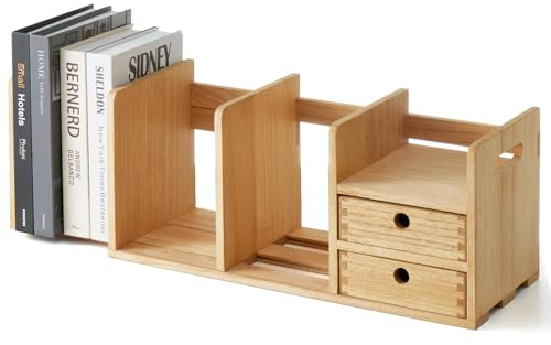 KIRIGEN Organisateur de Bureau en Bois – Étagère Réglable et Extensible avec Tiroir – Rangement de Bureau Polyvalent pour Dossiers, Livres et Accessoires Couleur Naturelle