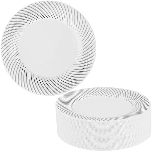 MATANA 40 Premium White Plastic Dessert Plates with Silver Rim (18cm / 7 Inch) – Elegant & Reusable – Small Side Plates for Starters, Weddings, Birthdays, BBQ & Parties