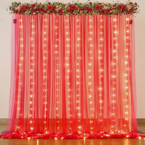 Rideau de fond en tulle rouge avec guirlande lumineuse de 3 x 3 m pour fêtes d'anniversaire, fête prénuptiale, fête prénatale, Noël, décoration murale de cabine photo