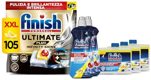 Finish Kit Lavastoviglie, 105 Pastiglie Ultimate PLUS Infinity Shine al Limone contro lo Sporco e i Residui Incrostati, 2 Brillantante Lemon da 500ml, 3 Curalavastoviglie al Limone da 250ml
