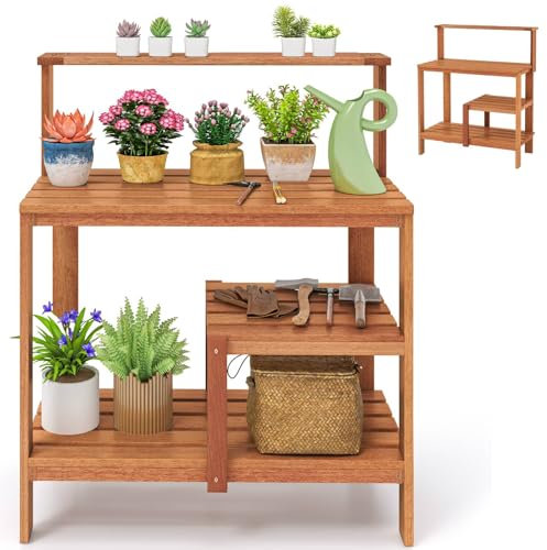 TANGZON Garden Potting Table, Solid Wood Potting Table with Trellis, Open Shelves, Teak Oil Finish, Gardening Workstation & Planting Work Table for Outdoor Patio Backyard Balcony