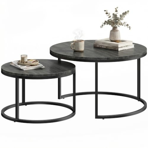 HOMCOM Couchtisch rund 2er Set Stapelbarer 78,5 x 78,5 x 46,5 cm Schwarz | Beistelltisch mit Metallrahmen, Wohnzimmertisch mit Holzoptik, Kaffeetisch Satztisch, Wohnzimmer, Schlafzimmer