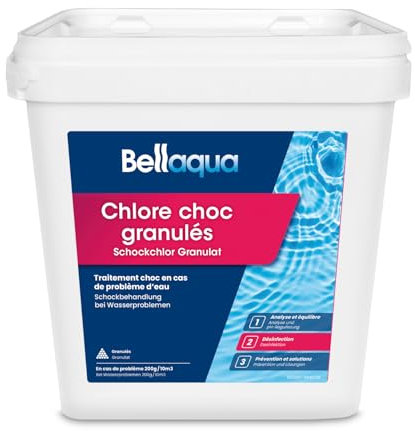 Bellaqua Chlore Choc Piscine 5kg – Traitement Choc Puissant – Granulés de Chlore Choc Rapide pour Piscine – Désinfection Immédiate Eau Trouble ou Verte