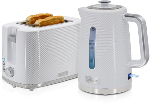 briebe Elegance Toaster Set Breiter Schlitz, 2 Scheiben, 7 Bräunungsstufen + Wasserkocher 1,7L Kabellos 2200W Schnellkochen BPA Frei Modernes Design Weiß