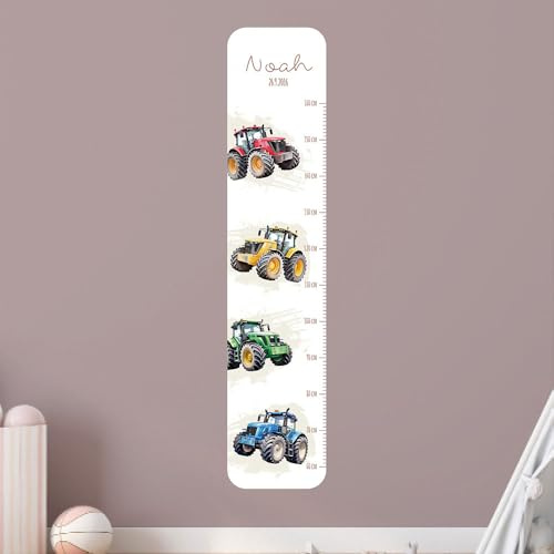 Personalisierte Messlatte Kinder Traktoren – mit Namen – 50-150 cm – Deko fürs Kinderzimmer – Wandtattoo ohne PVC – Wachstumstabelle Baby & Kind – Geschenk zur Geburt oder Taufe (Zum Aufkleben)