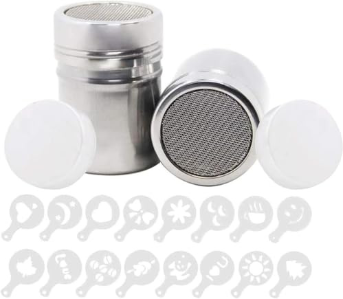 2pcs Powder Sugar Shaker, BetterJonny Stainless Steel Sifter Dredge Shaker with Lid Fine Mesh Shaker For Baking Cooking with 16 Pcs Printing Molds Stencils