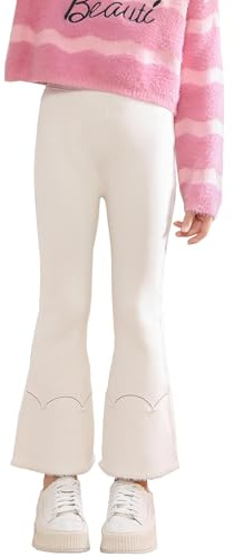 JiAmy flickor utsvängda leggings fleecefodrade byxor varma tjocka klockbyxor för flicka 3-12 år, Vitt, 9-10 År