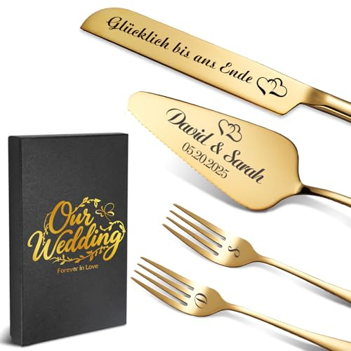 Tortenheber Hochzeit personalisiert aus Edelstahl – Hochzeitsgeschenk personalisiert für Brautpaar, personalisierte Hochzeitsgeschenke mit Gravur, Tortenmesser Hochzeit, Tortenheber Set (Gold)