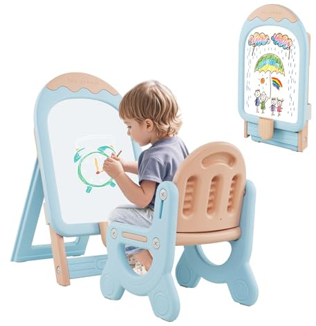 GOPLUS Kinderstaffelei mit Stuhl, faltbarer höhenverstellbar Zeichentisch mit Whiteboard, Marker, Magnet & Aufbewahrungskoffer, Kindertafel mit Stauraum, Kunststaffelei für Jungen & Mädch (Blau)