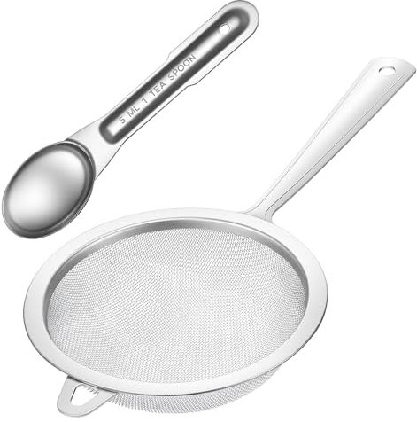 Lot de 2 tamis à maille fine de 8,9 cm avec poignée et pelle en acier inoxydable 304 - Passoire professionnelle à maille fine et écumoire chaude pour thé, café, jus, cocktail, pâtisserie