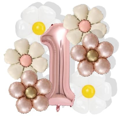 fKiZanthene Décoration Anniversaire 1 An Fille, Ensemble de Ballons Marguerite Rétro Rose et Blanc Crème, Ballon Chiffre 1 Aluminium pour Fête d’Anniversaire Bébé et Décor Maison