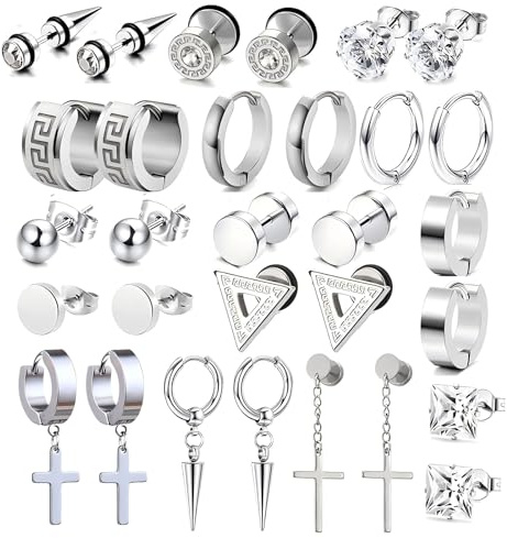 DiiWmme 15 Pairs Men's Earrings Set for Men Women, Gothic Punk Y2K Stainless Steel Earrings, Hoop, Dangle, Cross, Stud Earrings in Black Silver and Gold, Fashion Jewelry Gift for Him Her (Silver)