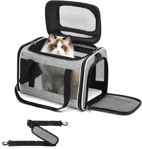 Transportbox Katze 46x30x37cm bis 9kg, Faltbare Katzenbox mit Mesh & Matte | Mit erweiterbarem Dach, stabilem Stahlrahmen & Sicherheitsleine – atmungsaktiv für Auto, Flugzeug und Tierarzt