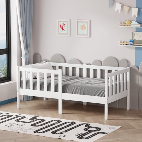 AVC Designs Junior Wooden Bed With Side Rails Toddler Solid Pine Wood Modern Children Kids Junior Cot Bed Frame White 140 x 70cm Mattress size
