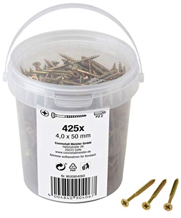 Meister Universalschrauben 4,0 x 50 mm - 425 Stück im Set - Senkkopf - PZ Pozidriv-Antrieb - Teilgewinde - Gelb verzinkt / Schrauben-Set / Schrauben-Eimer / 904060
