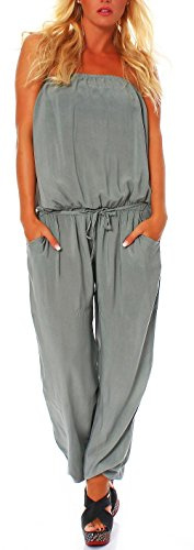 malito - Damen Jumpsuit - langer Einteiler - Overall Carmen Ausschnitt - Hosenanzug Uni - Romper Leo-Print 4538 - (Oliv)