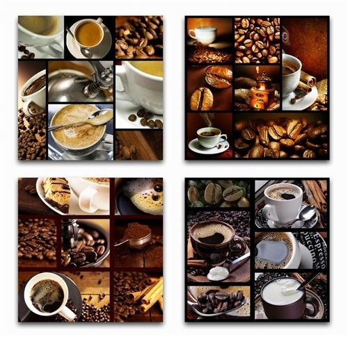 Geschenkestadl 4 x Kaffee Wandbilder Kaffeebohnen Tasse 40cm x 40cm Milchkaffe Cappuccino