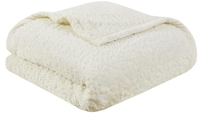 WOOLRICH Burlington Berberdecke Superweicher, gemütlicher, Leichter Bezug mit luxuriöser Samtbindung, modern, trendig, für alle Jahreszeiten, Polyester, elfenbeinfarben, King
