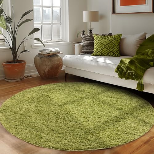 Carpettex Hochflor Teppich Wohnzimmer 120 cm Rund Grün - Flauschiger Teppich Extra Weich und Pflegeleicht - Shaggy Teppich Modern Einfarbig Design - Teppich für Schlafzimmer, Esszimmer und Küche
