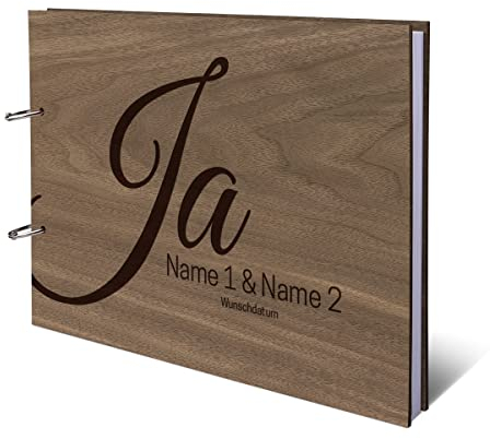 Hochzeit Gästebuch Nussbaum Holz Gravur individuell Holzcover mit 72 Blatt | 144 Naturpapier Innenseiten DIN A4 quer 302 x 215 mm - Ja