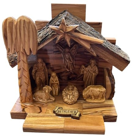 Bethlehem Gifts TM Juego de belén de Navidad de madera de olivo con figuras de Jerusalén (establo de alabastro de 4.5 pulgadas de alto con figuras pegadas)