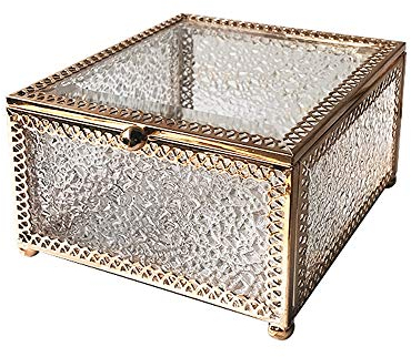 Slivy Platz Vintage-Schmuck Schatztruhe Box mit Kette - European Glas Gold-Überzug-Metallrand Trinket-Kasten-Ohrringe/Halskette/Ring-Halter - Andenken-Geschenk-Box for Mädchen-Frauen