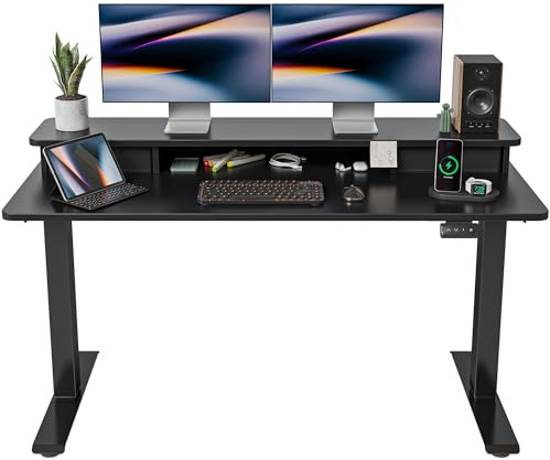 FEZIBO Höhenverstellbarer Elektrischer Stehtisch mit Doppelschublade, 140 x 60 cm Stehtisch mit Ablage, Sitz-Steh-Schreibtisch mit Verbindungsplatte, Schwarzer Rahmen/Schwarze Oberfläche