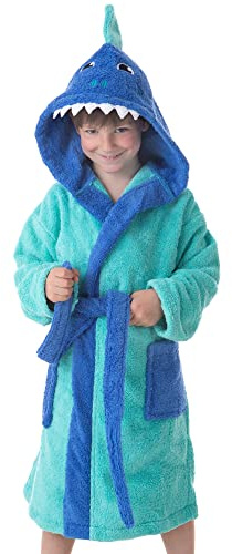 Sibiles - Albornoz Baño Niño Infantil 100% Algodón Bata con Bolsillos, Dibujos y Capucha Sharky (6 a 8 años)
