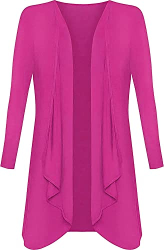 Brezza Plus Size Womens Plain Long Sleeve Waterfall Boyfriend Open Front Cardigan New Ladies Hanky Hem Jersey Top UK 8-26 Fuchsia
