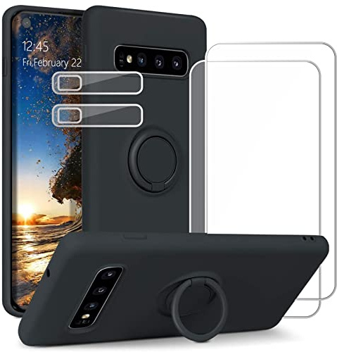 Esakycn Hülle für Samsung Galaxy S10 Schutzhülle Silikon mit 2 Displayschutzfolie + 2 Kamera Folie, [Magnetic Auto Halterung] Ring Ständer Handyhülle für Samsung Galaxy S10 6,1, Schwarz