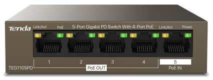 Tenda TEG1105PD, 5-Port-Gigabit-PoE-Switch mit 4 PoE-Ports, lüfterlos, stabiles Metall, PSE- und PD-Design, Desktop-Heimnetzwerk-Hub