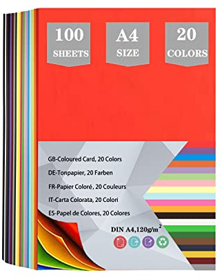 100 Blatt Tonpapier A4 Bunt, Buntes Papier A4 Bastelpapier -120g/m² 20 Farben, Farben Papier Buntpapierset für Diy Origami und Bastelprojekte