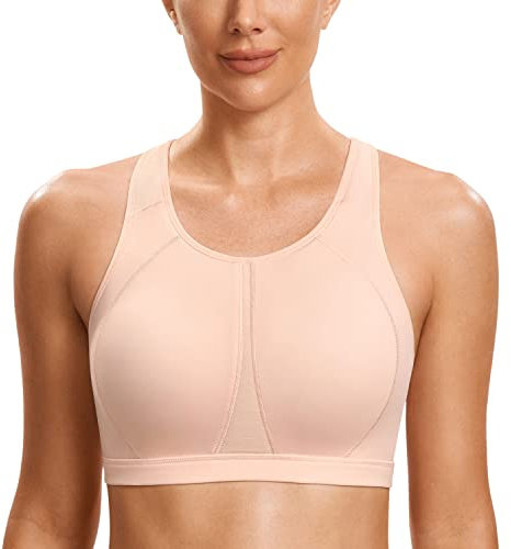 SYROKAN Women's Sports Bra for Large Breasts High Impact Full Coverage Padded Wireless Running Halter Neck Bra Marshmallow Pink 38F