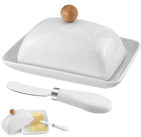 Large Porcelain Butter Dish with Lid, Ceramic Butter Dish with and Stainless Steel Butter Knife, Butter Keeper for Butter Storage & Home Kitchen Decor and Farmhouse Decorative Butter Dishes