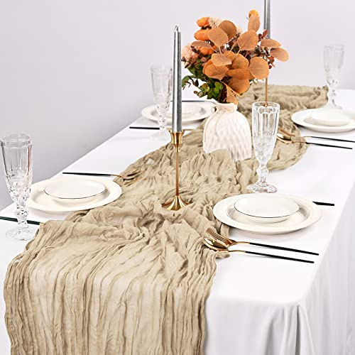 Pesonlook 2 Stück Hellbraun Käsetuch Tischläufer Lang, 90 x 300 cm | 3 m lang, Rustikaler Gaze Stoff Boho halbtransparent Hochzeits Seihtuch Tischläufer für Hochzeit, Party, Brautparty，Bankett