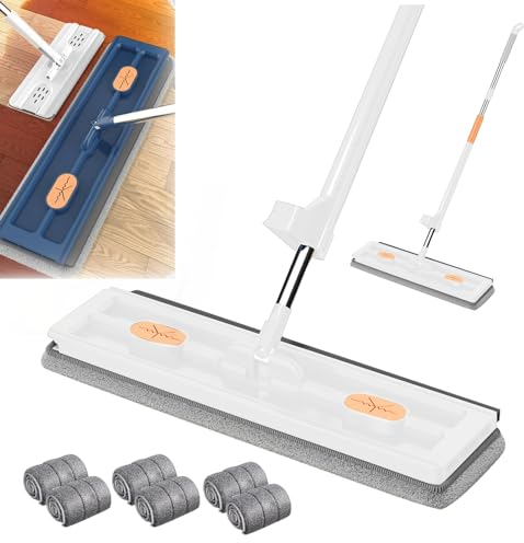 Großer Flachmop Bodenwischer Flacher Wischmopp Flachmopp mit Auswringfunktion 360° Drehgelenk Bodenwischer Set mit Wiederverwendbare Mikrofaser Wischpads für alle Böden (Weiß Mopp+6 Wischpads)