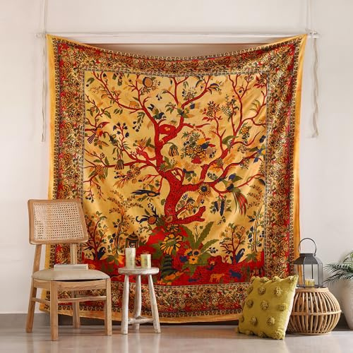 Popular Handicrafts Baum des Lebens King Size Hippie Tie Dye Psychedelic Tapisserie Wandbehang – Indische Maditation Bohemian Hippie Wohnheim Raumdekor Orange 228 x 274 cm