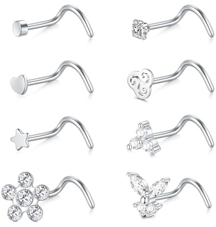WillTen 8Pcs Corkscrew Nose Stud Screw, 18G Surgical Steel Nose Stud Silver Cubic Zirconia, Nose Ring Labret Lip Nose Piercing Jewelry for Women Men