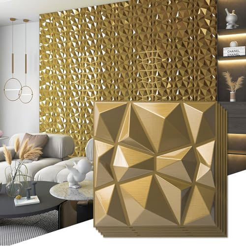 Art3d Pannelli 3D Diamond Design per Interni, Soggiorno, TV Wall Sfondo, Camera da letto, Gaming, 30 x 30 cm, Oro, Confezione da 33